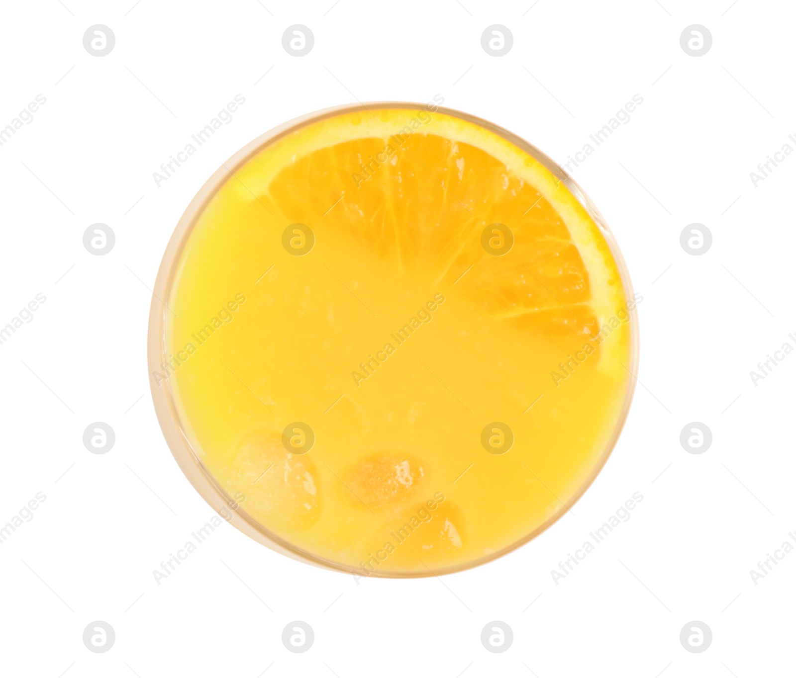 Photo of Tasty orange juice in glass isolated on white, top view