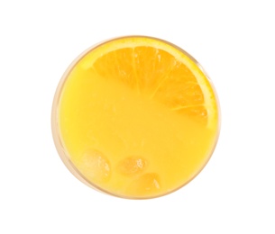 Photo of Tasty orange juice in glass isolated on white, top view