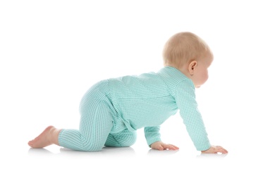 Cute little baby crawling on white background