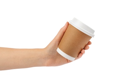 Photo of Woman holding takeaway paper coffee cup on white background, closeup