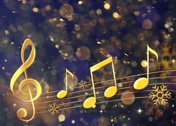 Image of Treble clef, music notes and snowflakes against dark blue background. Bokeh effect