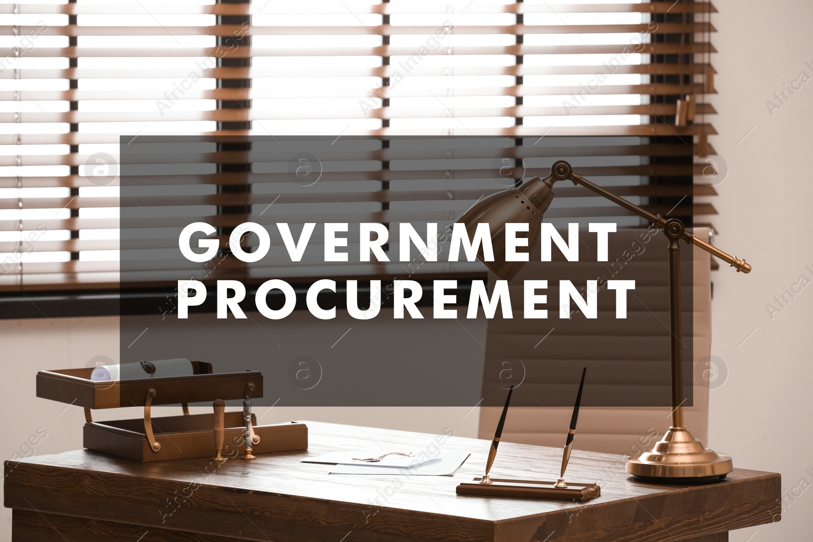 Image of Government procurement. Office interior with stationery and documents on desk