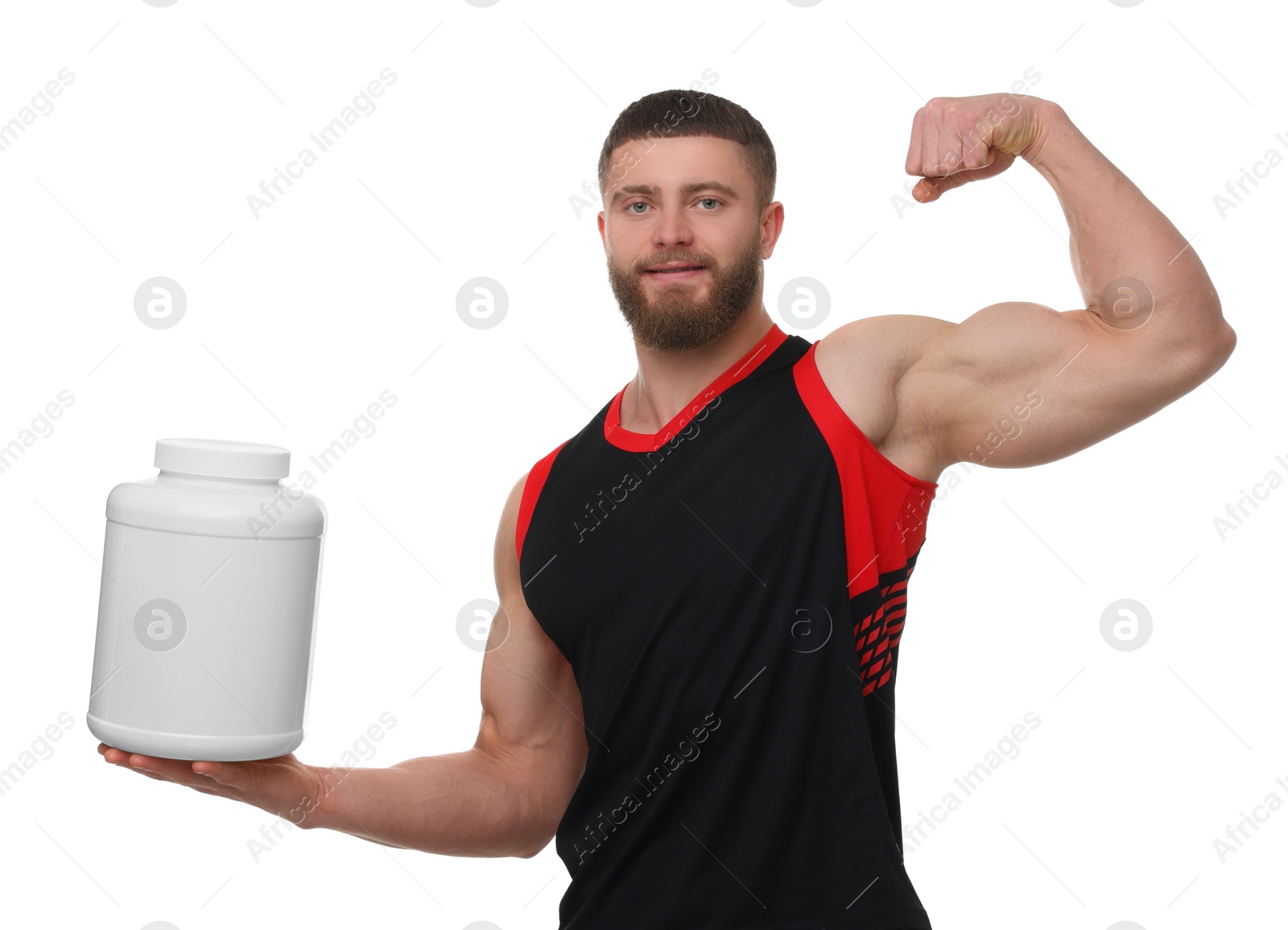 Photo of Young man with muscular body holding jar of protein powder on white background