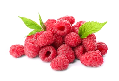 Photo of Delicious fresh ripe raspberries with leaves on white background