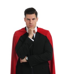 Photo of Man wearing superhero cape on white background