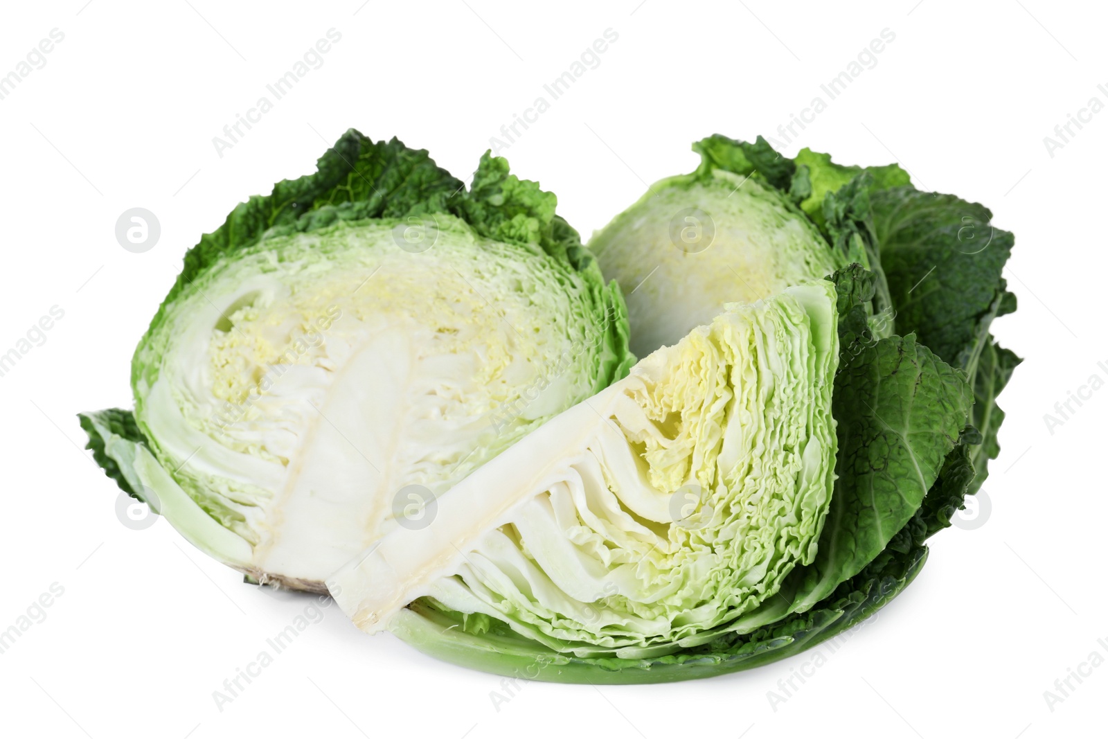 Photo of Fresh green savoy cabbages on white background