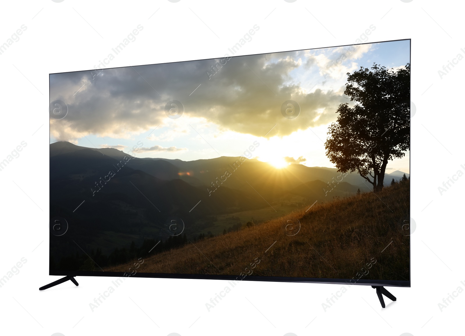 Image of Modern wide screen TV monitor showing beautiful mountain landscape isolated on white