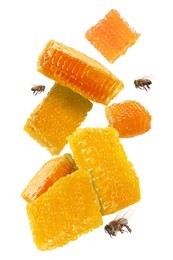 Image of Pieces of honeycomb in air and bees flying on white background