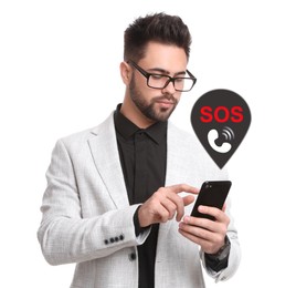 Image of Man with smartphone and virtual icon SOS on white background