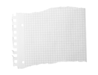 Photo of Piece of blank notebook paper isolated on white. Space for design