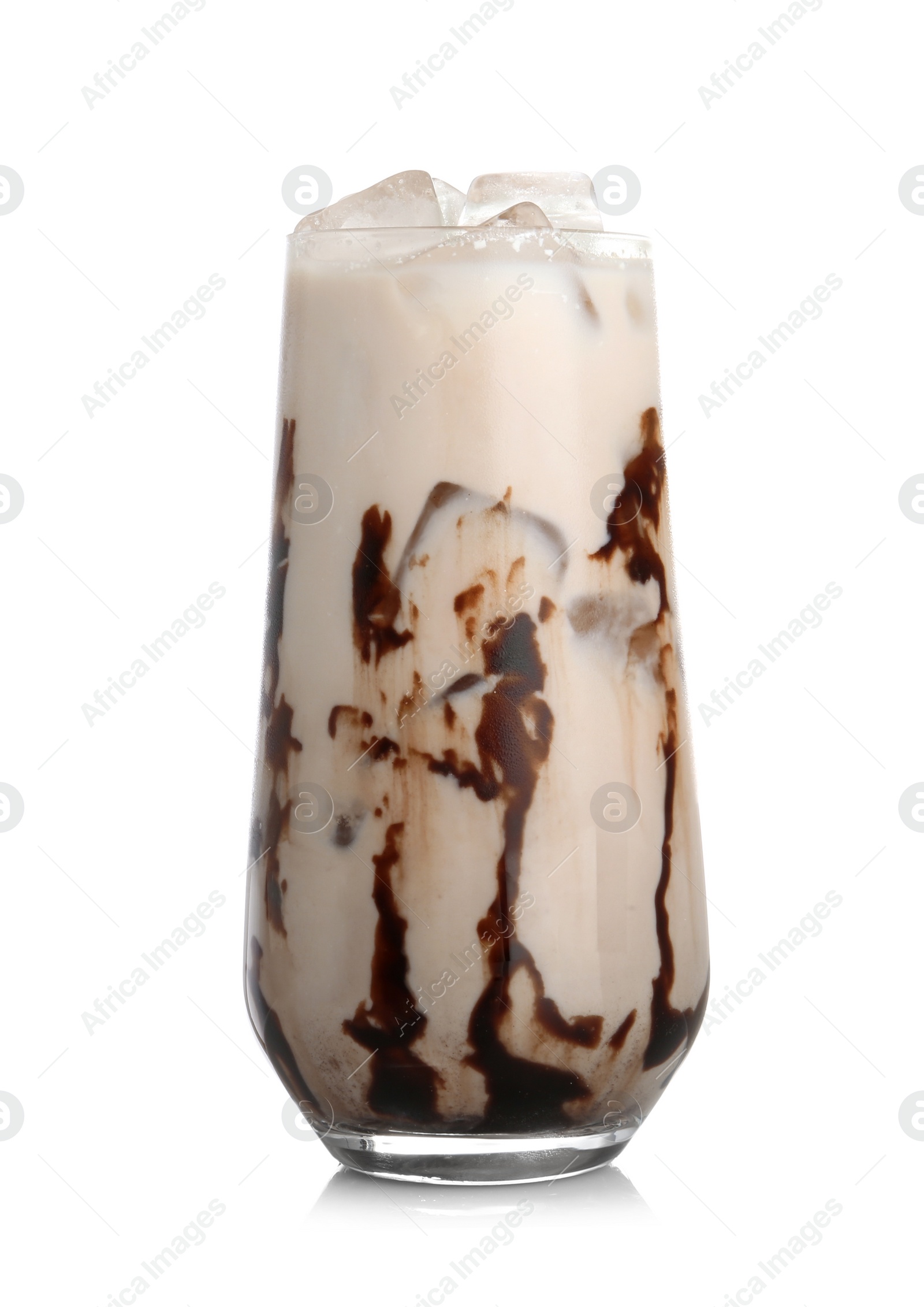 Photo of Tasty cocktail with ice cubes and chocolate isolated on white