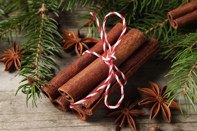 Different spices and fir branches on wooden table, closeup