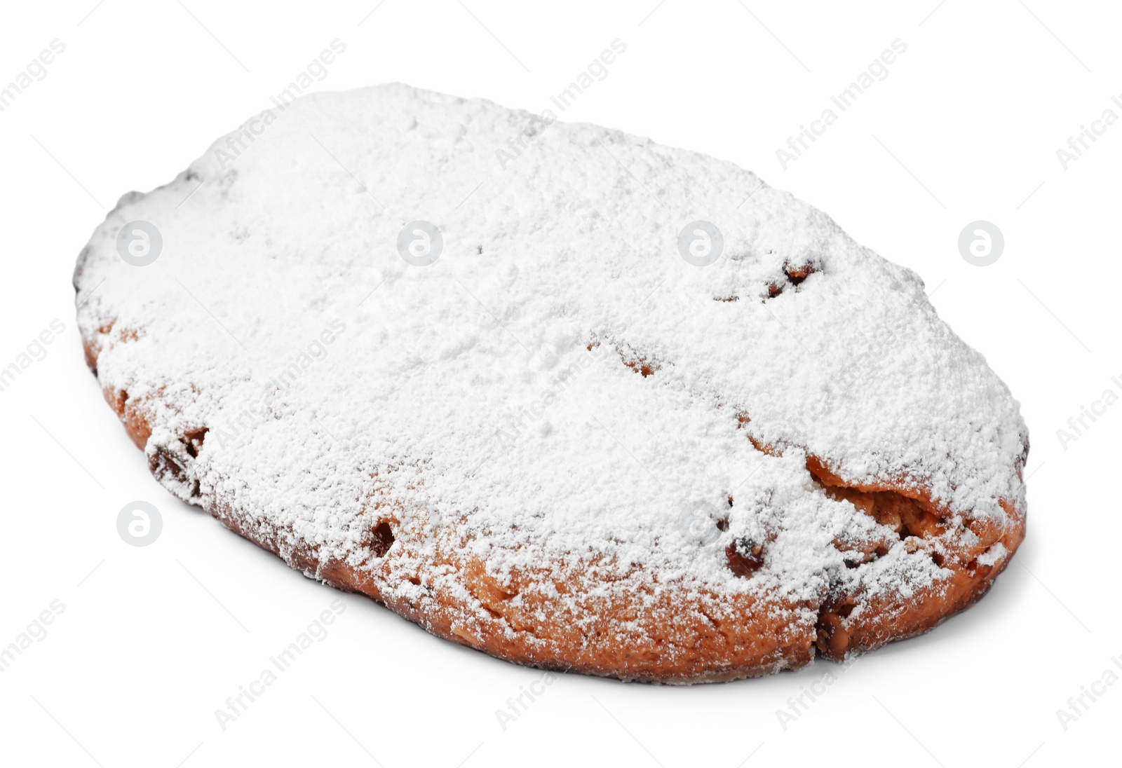 Photo of Delicious Stollen sprinkled with powdered sugar isolated on white