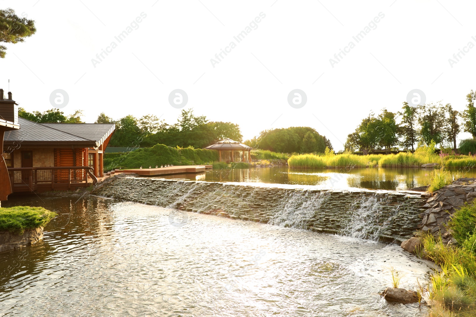 Photo of Picturesque landscape with beautiful lake on sunny day. Gardening idea
