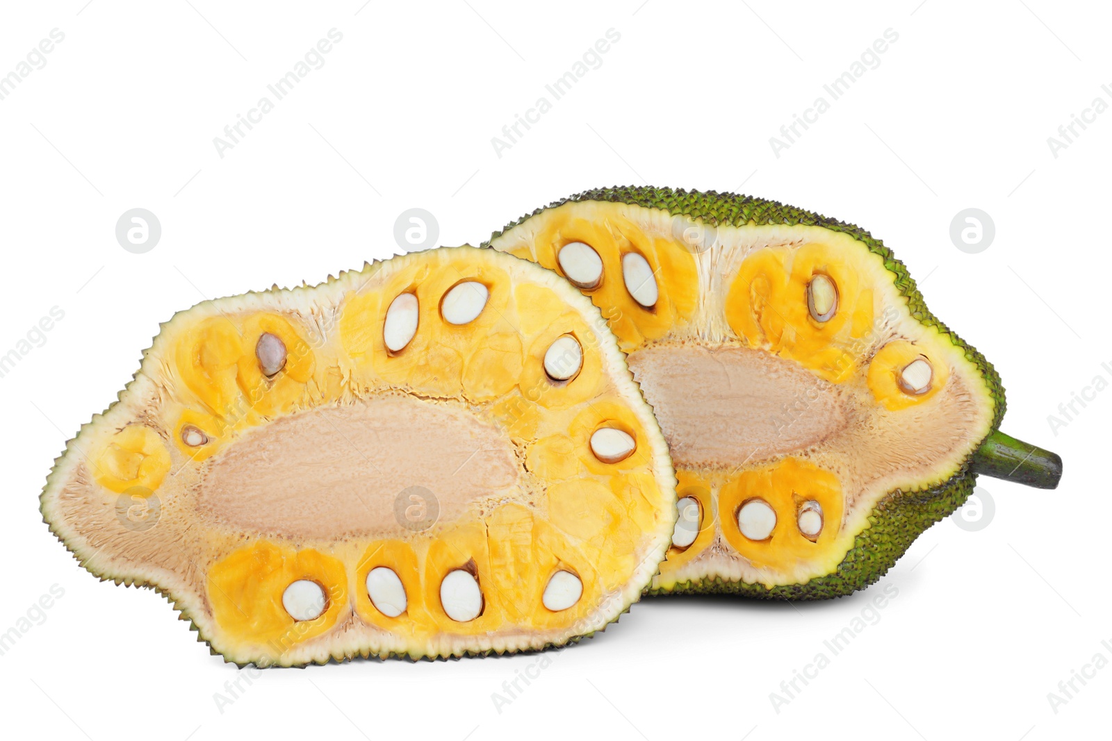 Photo of Delicious cut fresh exotic jackfruit on white background