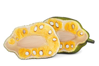Photo of Delicious cut fresh exotic jackfruit on white background
