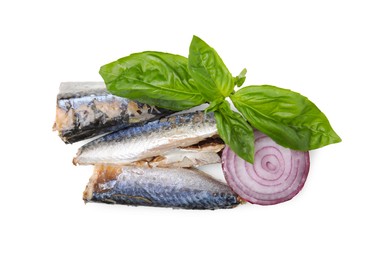 Photo of Canned mackerel fillets with red onion rings and basil on white background, top view