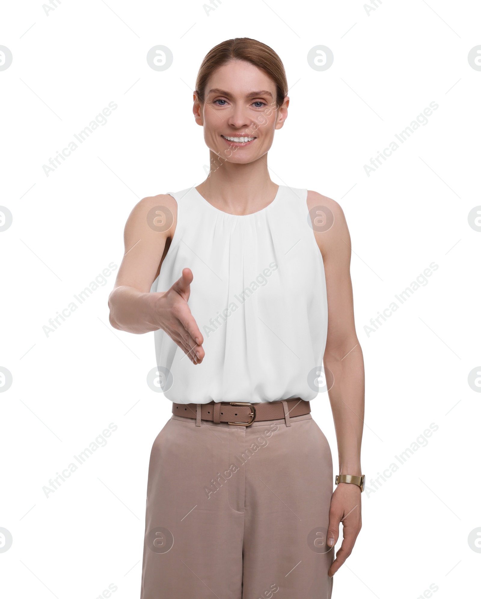 Photo of Beautiful happy businesswoman giving handshake on white background