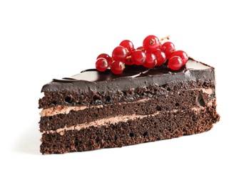 Piece of tasty homemade chocolate cake with berries on white background