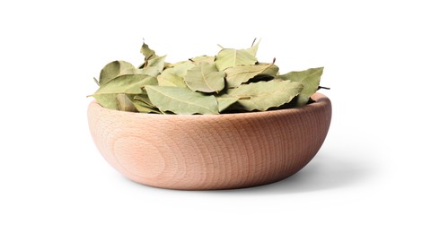 Photo of Aromatic bay leaves in wooden bowl on white background