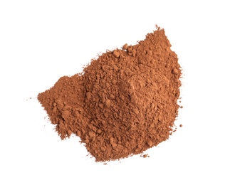 Photo of Pile of chocolate protein powder isolated on white, top view