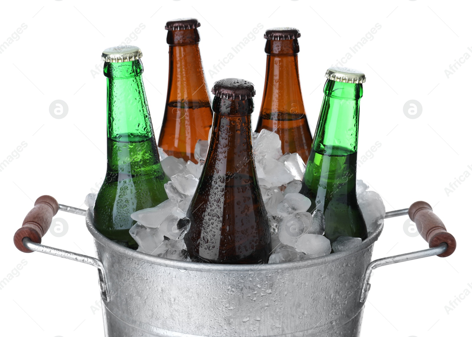 Photo of Metal bucket with bottles of beer and ice cubes isolated on white