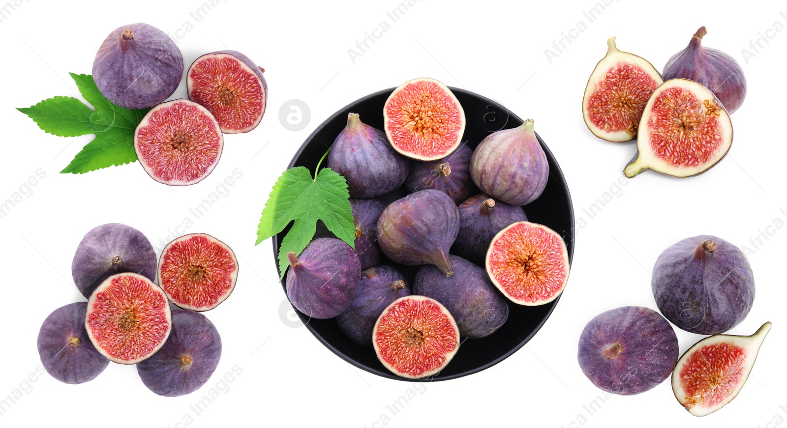 Image of Set with tasty ripe whole and cut figs on white background, top view. Banner design