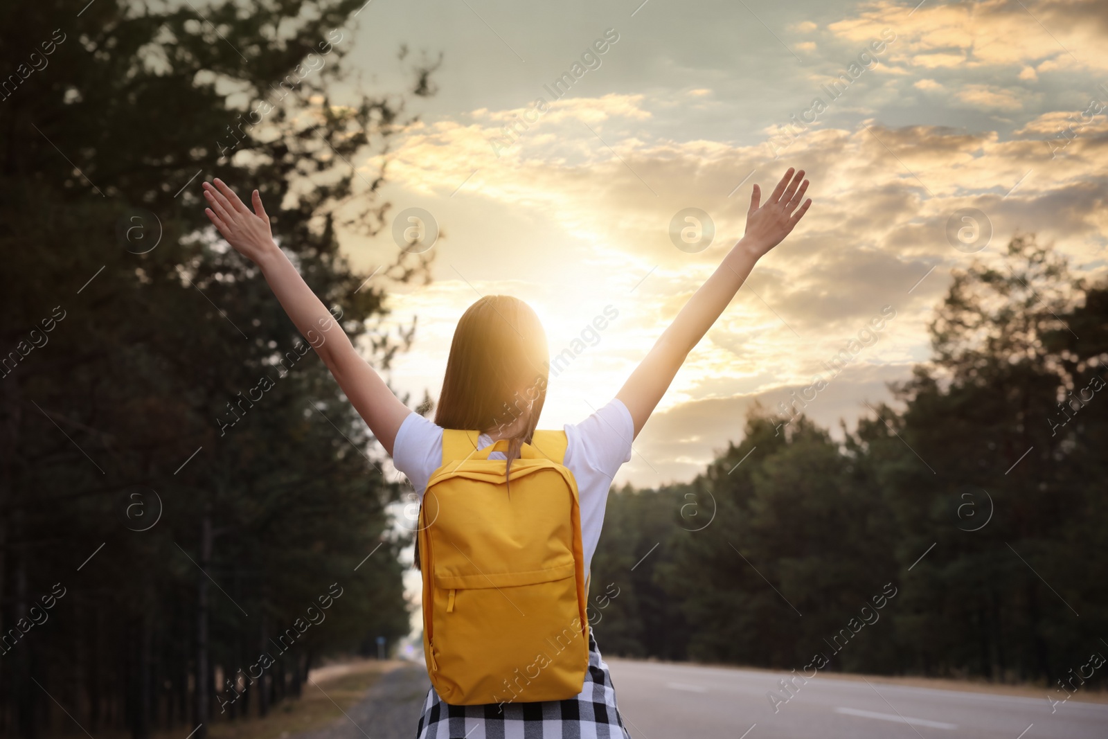 Photo of Young woman with backpack on road near forest, back view