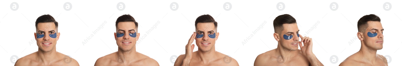 Image of Collage of handsome man with cosmetic under eye patches on white background. Banner design