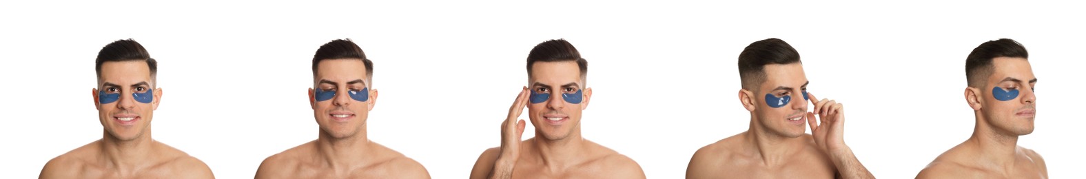 Collage of handsome man with cosmetic under eye patches on white background. Banner design