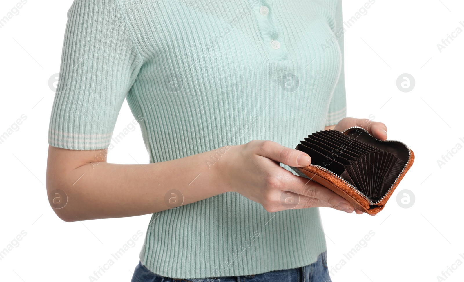 Photo of Woman with empty wallet on white background, closeup