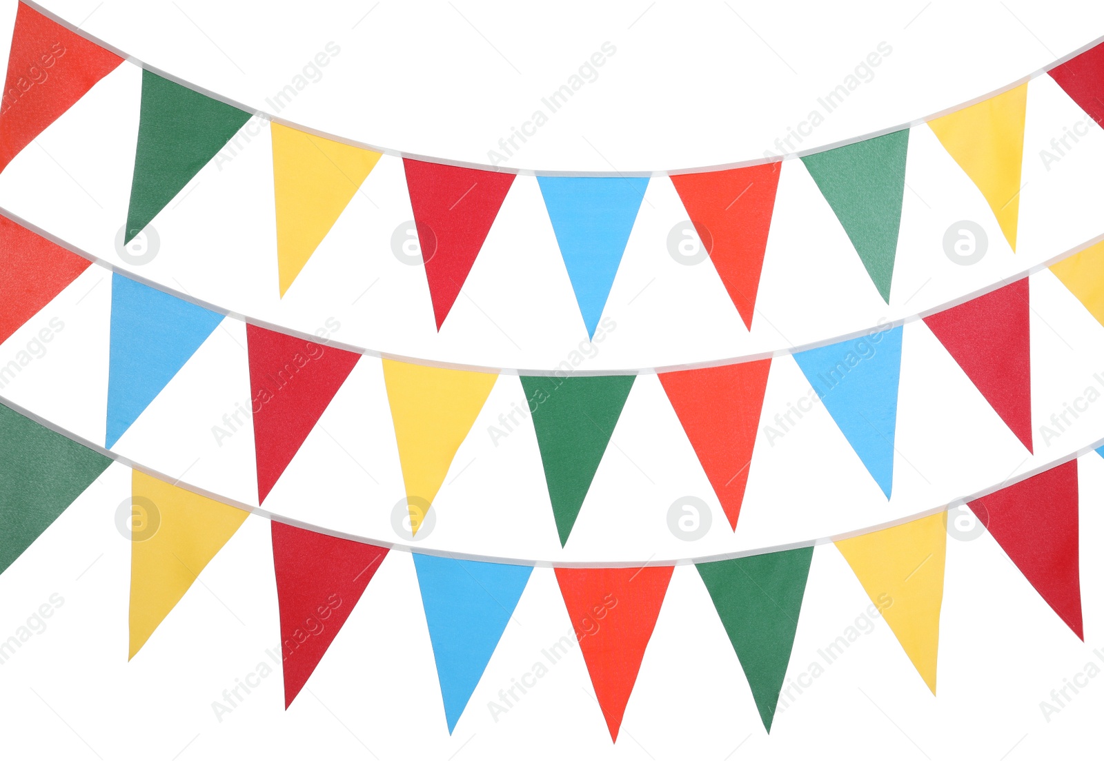 Photo of Buntings with colorful triangular flags on white background. Festive decor