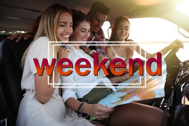Image of Hello Weekend. Happy friends with map in car on road trip