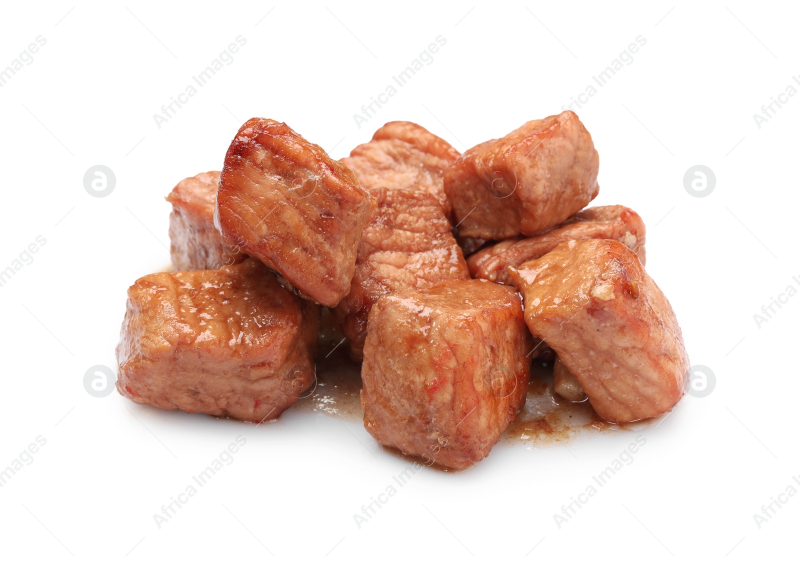 Photo of Pieces of delicious cooked beef isolated on white. Tasty goulash