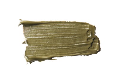 Photo of Sampledark green paint on white background, top view