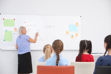 Mature teacher and students in modern classroom