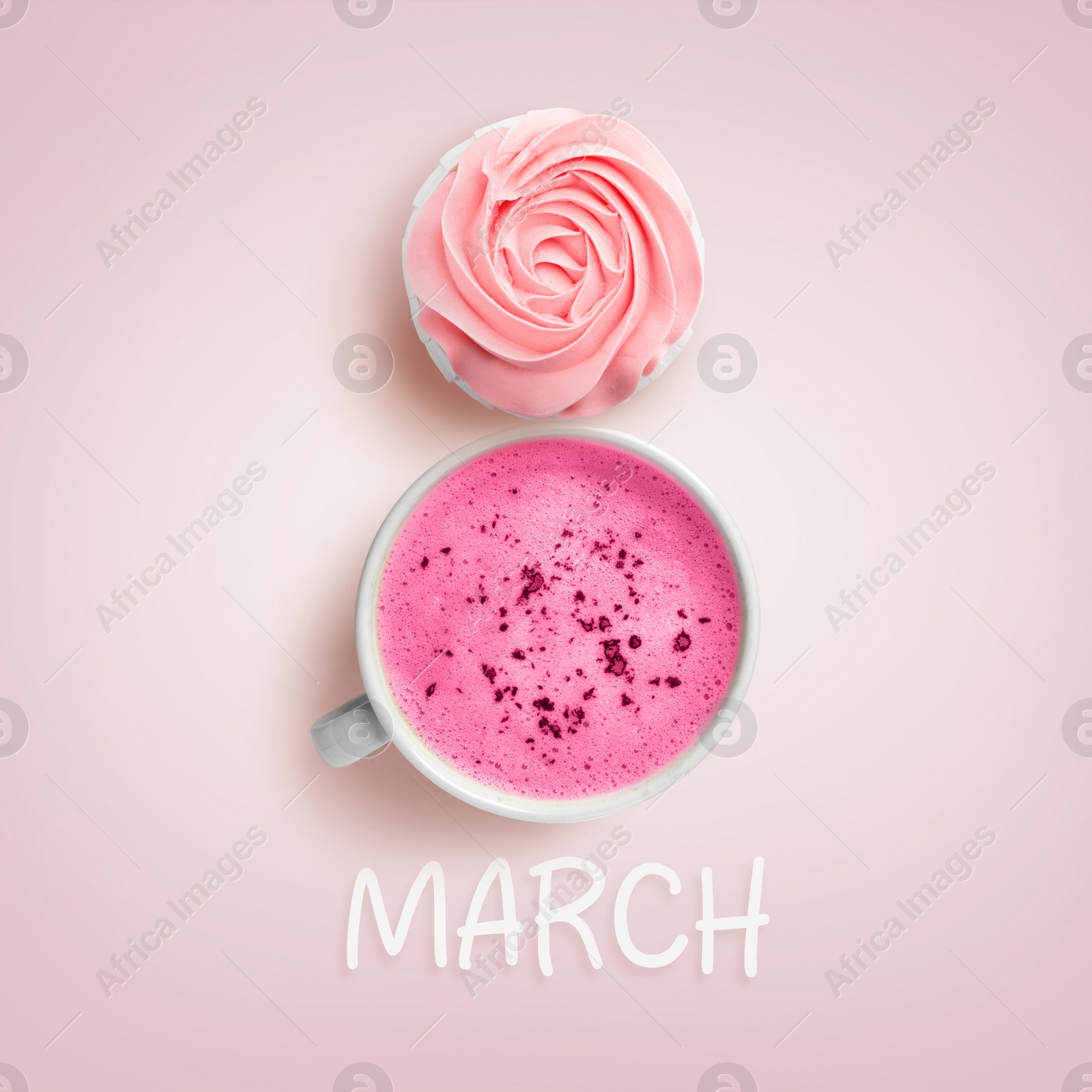 Image of 8 March - Happy International Women's Day. Card design with shape of number eight made of cupcake and latte on pink background, top view