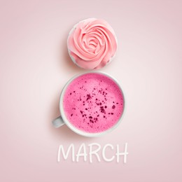 8 March - Happy International Women's Day. Card design with shape of number eight made of cupcake and latte on pink background, top view