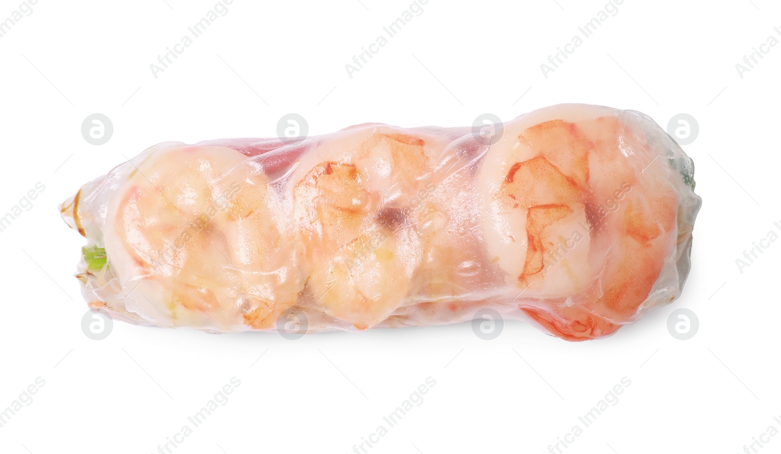 Photo of Tasty spring roll with shrimps wrapped in rice paper isolated on white, top view