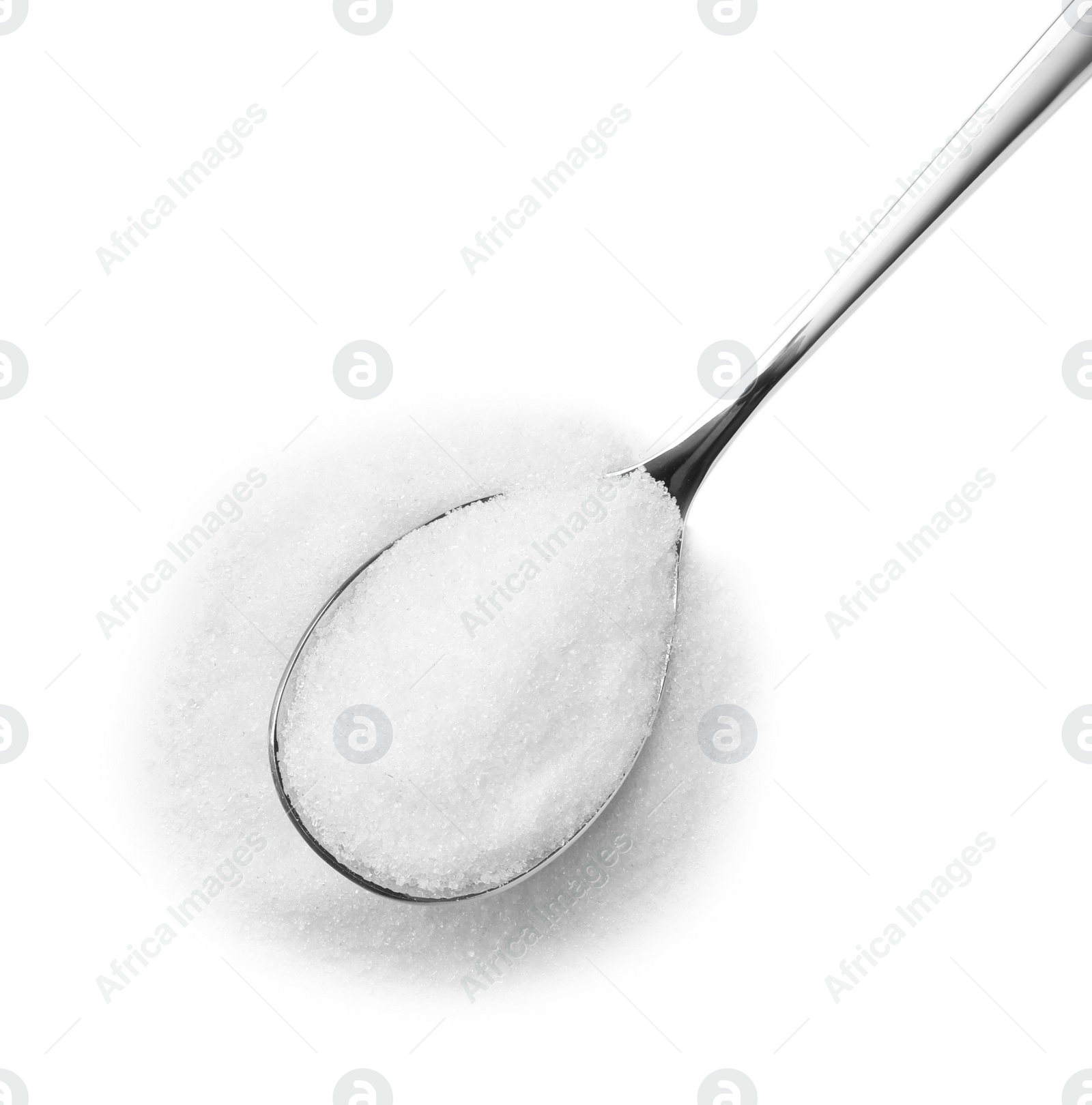 Photo of Spoon with granulated sugar isolated on white, top view