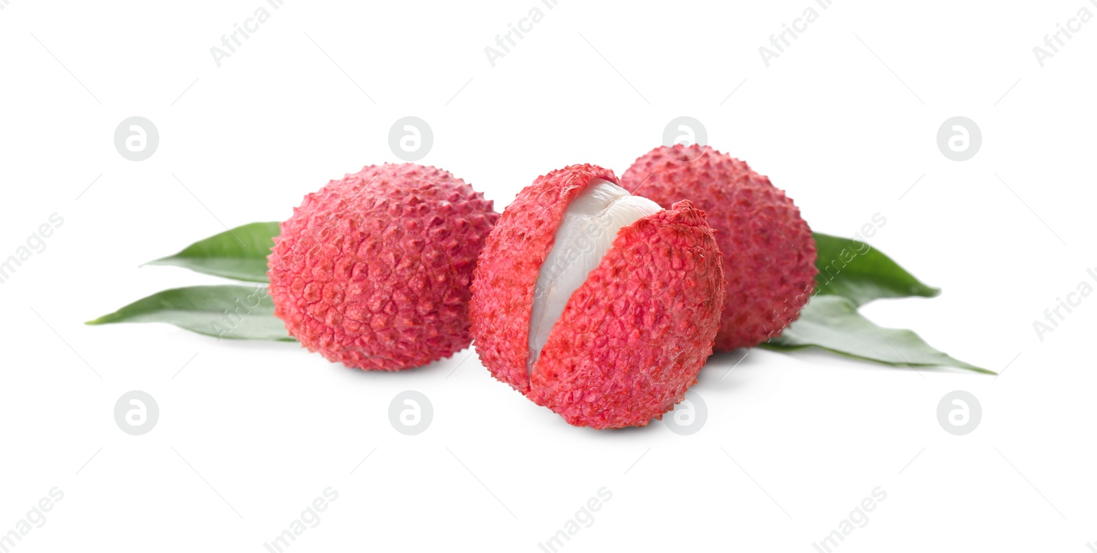 Photo of Fresh ripe lychees with green leaves on white background