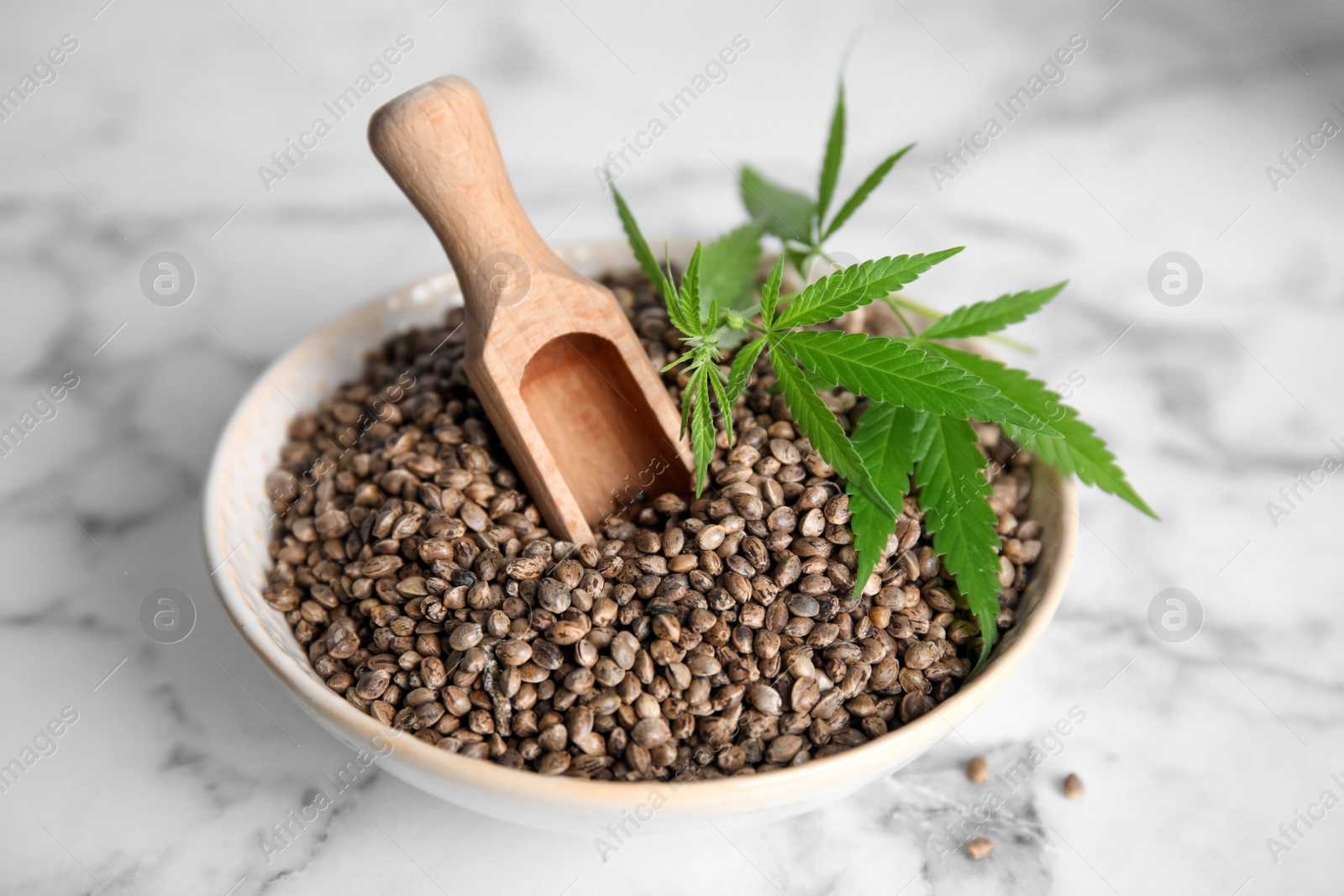 Photo of Bowl with hemp seeds, wooden scoop and fresh leaves on white marble table, closeup