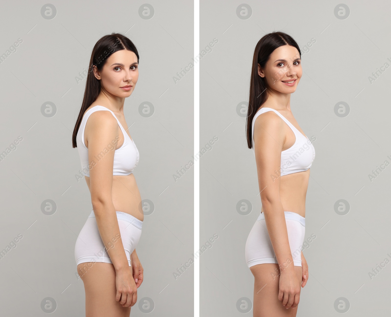 Image of Collage with portraits of woman before and after weight loss on light background
