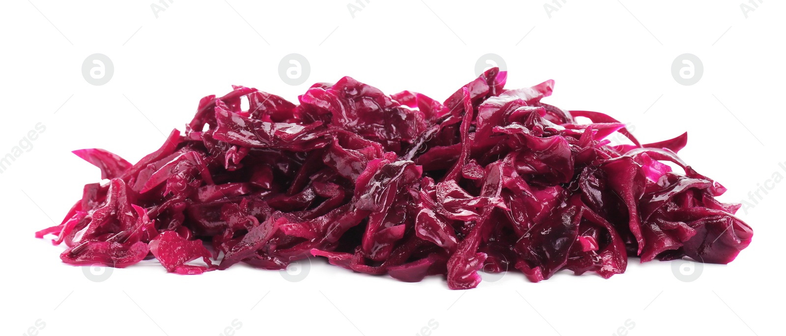 Photo of Pile of tasty red cabbage sauerkraut isolated on white