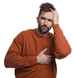 Man suffering from cold on white background