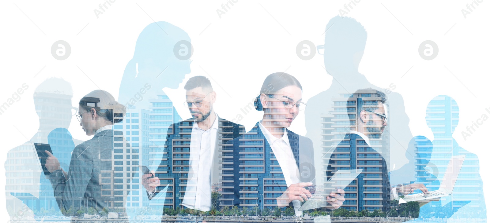 Image of Forex trading. Double exposure of business people with gadgets and cityscape, banner design