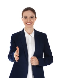 Professional business trainer reaching for handshake on white background