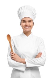 Photo of Happy female chef with wooden spoon on white background