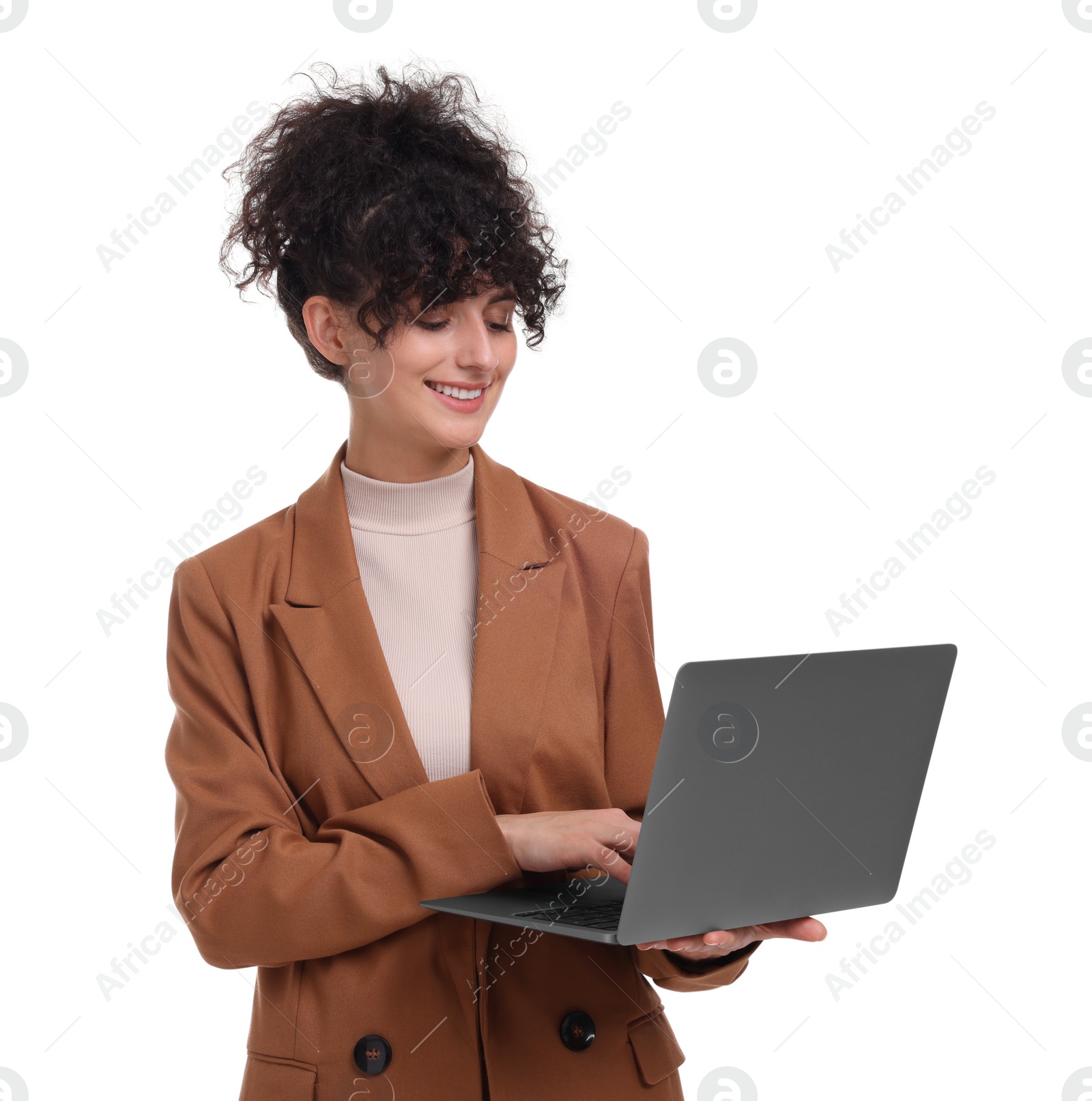 Photo of Beautiful happy businesswoman using laptop on white background