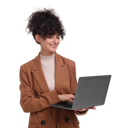 Photo of Beautiful happy businesswoman using laptop on white background